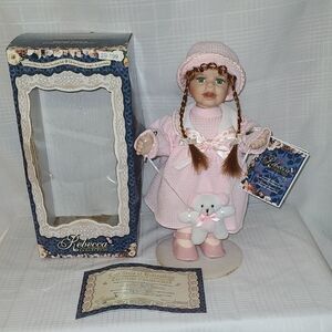 Vintage Musical 'The Rebecca Collection' 12" Porcelain Doll & Teddy  SMALL WORLD